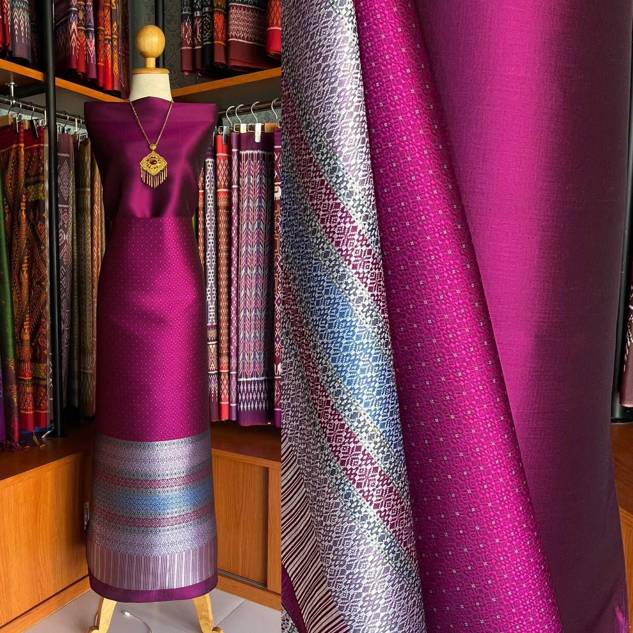 (Dress fabric) Lamphun silk (solid color 2 meters + pattern 2.4 meters), fuchsia pink, code N90-MD-011267140712