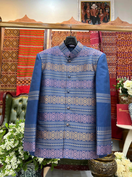 Suit shirt with royal collar, long sleeves, Praewa silk, blue, code DM-BM-0323676