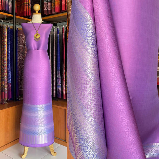 (Dress cloth) Surin silk, size 1x4 meters (solid color 2 meters + pattern 2.4 meters), purple, Ko Choeng Din Silver, code N90-MD-05096712342