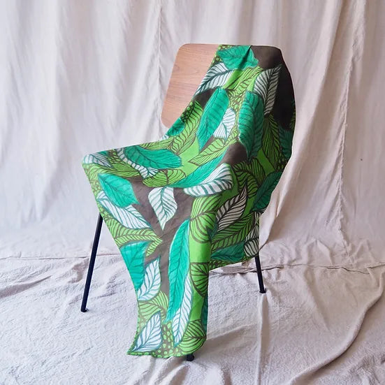 hand painted silk scarf Square, size 100x100cm, leaf pattern, green, code ZTG-CT-103007