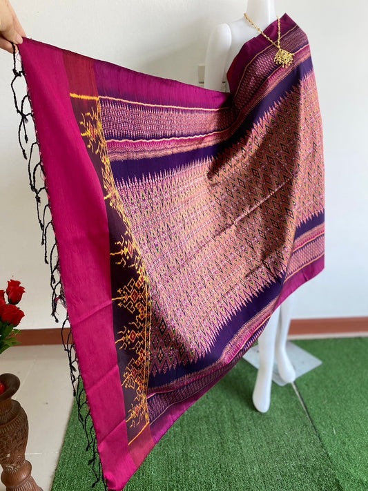 Mudmee silk sarong, pure silk, 3 tassels, has a frilled front, size 1x2 meters, Prakad Rob pattern, purple, code R2Q-43- 0205671419