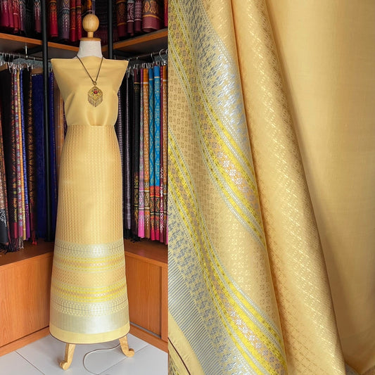 (Dress cloth) Lamphun silk (solid color 2 meters + pattern 2.4 meters) yellow, code N90-MD-052467141720