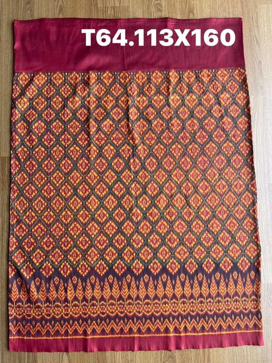 Battambang sarong, natural color, 3-takor cham cloth, size 113x160cm, red background, code N9-SIL-T64