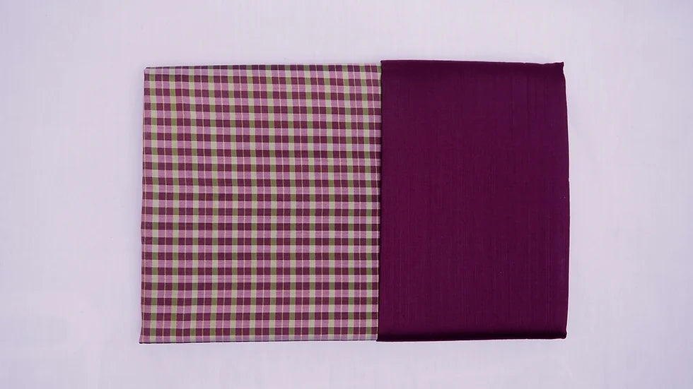 (Dress fabric) Plaid pattern silk, real silk, size 1x4 yards (2 yards patterned fabric + 2 yards plain color), mangosteen peel purple, code A90-CT100634