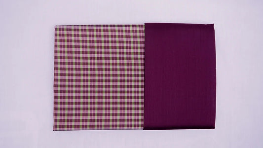 (Dress fabric) Plaid pattern silk, real silk, size 1x4 yards (2 yards patterned fabric + 2 yards plain color), mangosteen peel purple, code A90-CT100634