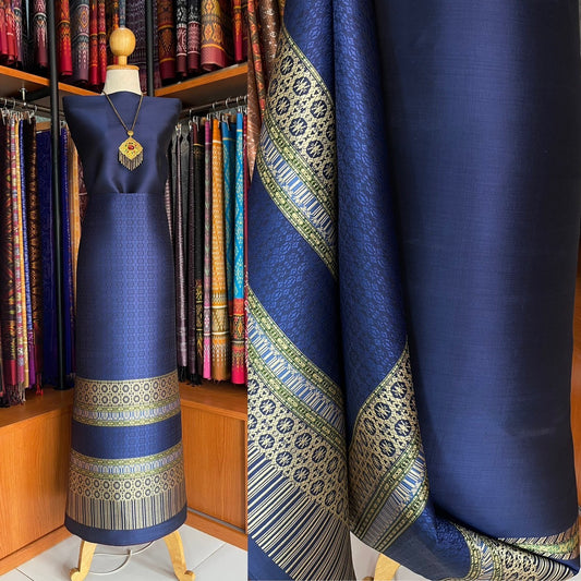 (Dress cloth) Surin silk, size 1x4 meters (solid color 2 meters + pattern 2.4 meters), navy blue, code N90-MD-0524671404