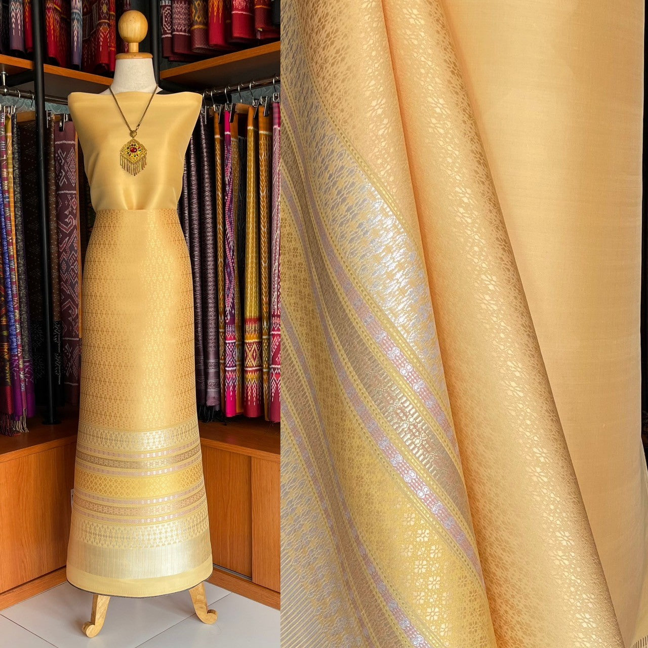 (Dress cloth) Lamphun silk (solid color 2 meters + pattern 2.4 meters) yellow, code N90-MD-0413676