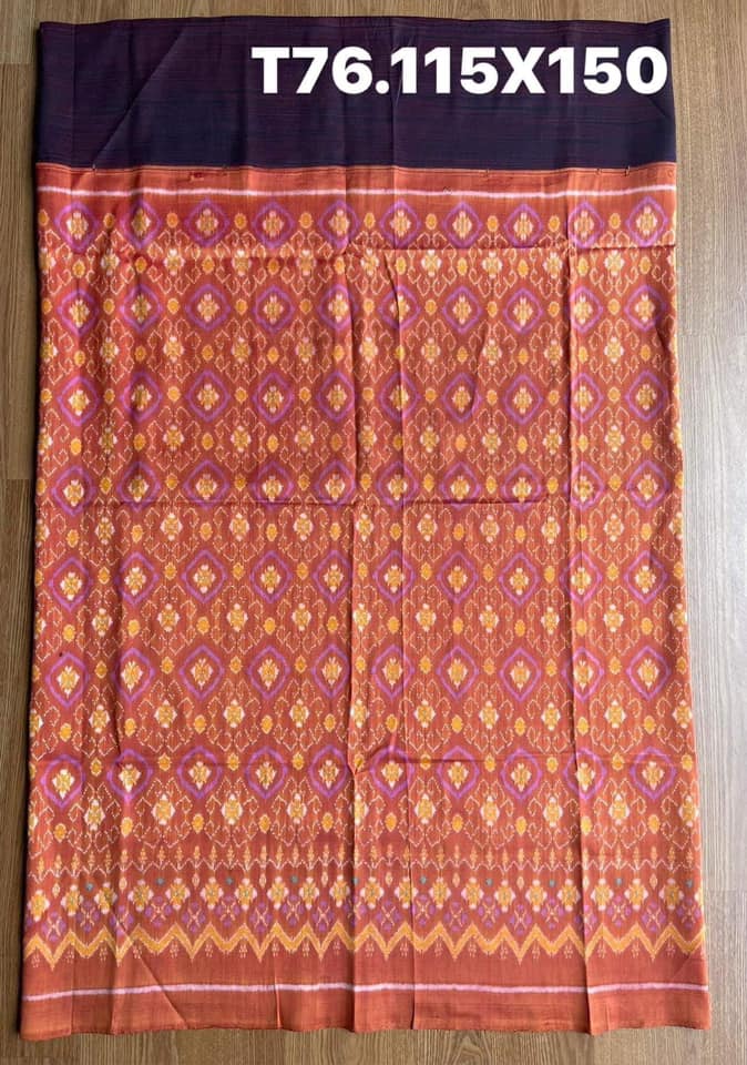 Battambang sarong, natural color, 3-tap cham cloth, size 115x150cm, blue background, shrimp paste orange, code N9-SIL-T76