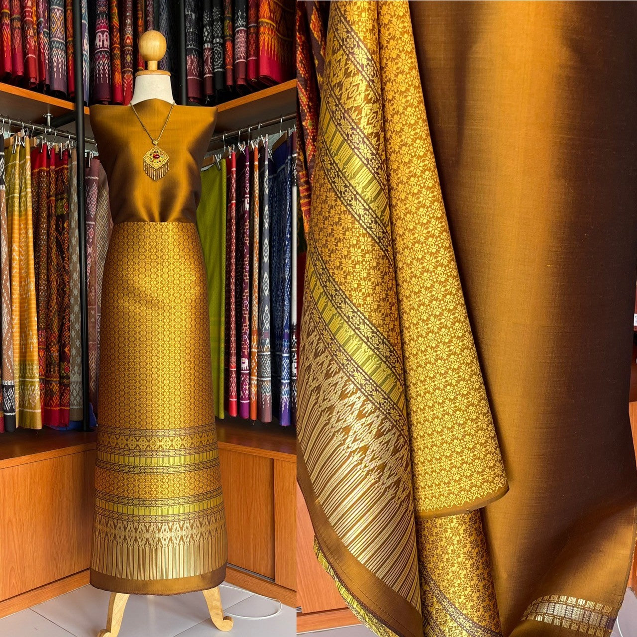 (Dress cloth) Lamphun silk (solid color 2 meters + pattern 2.4 meters) golden yellow, code N90-MD-011267140714