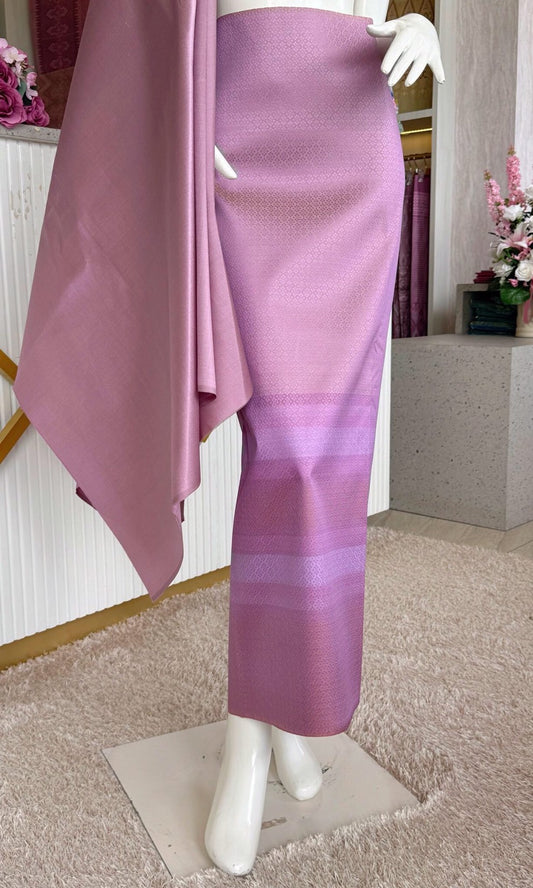 (Dress cloth) plain colored silk with stripes (2 yards of plain cloth + 2 yards of sarong) pink-purple shade, code B7C-SN-09246716