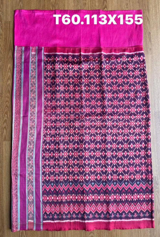 Battambang sarong, natural color, 3-takor cham cloth, size 113x155cm, pink background, code N9-SIL-T60