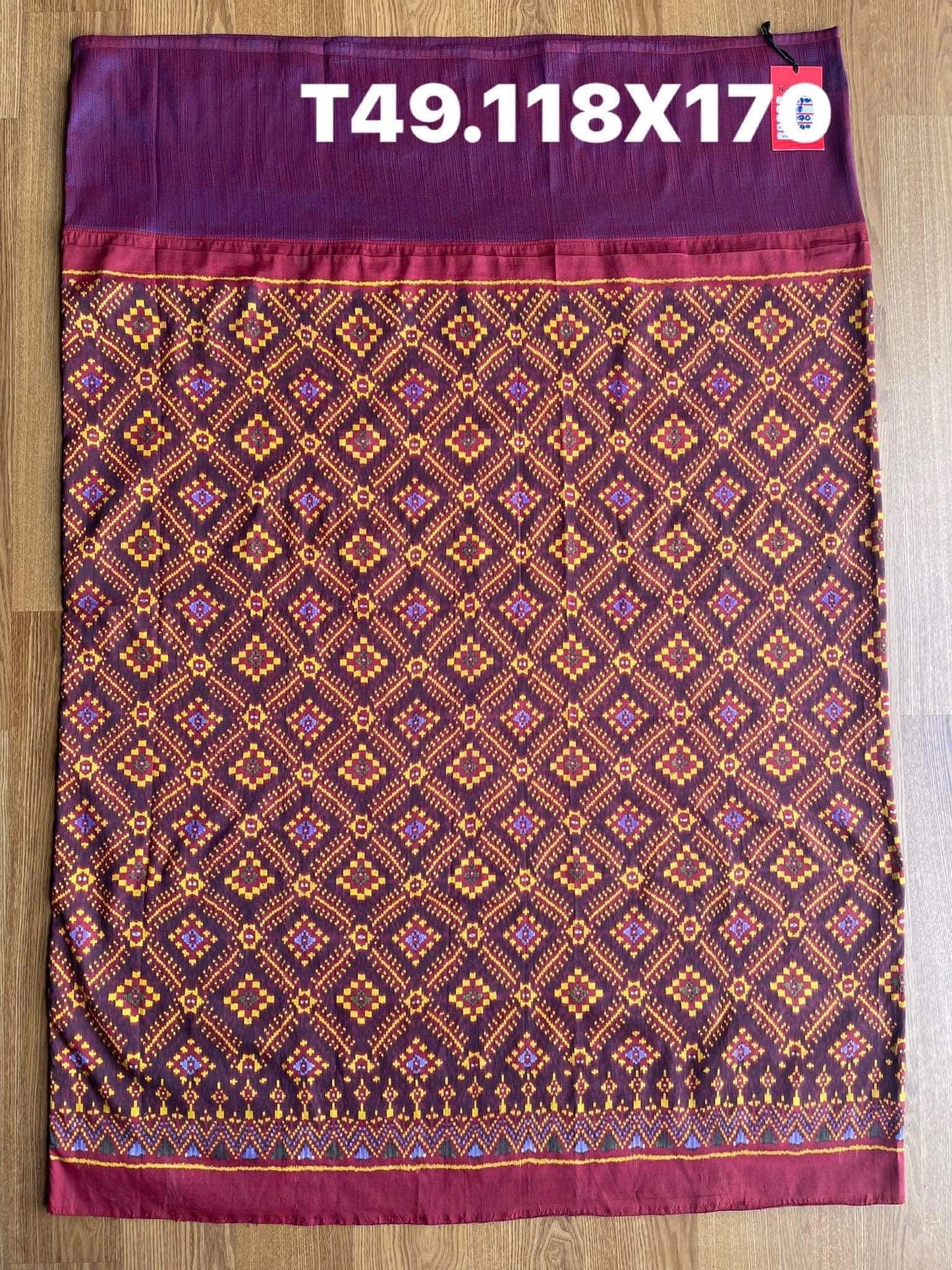 Battambang sarong, natural color, 3-takor cham cloth, size 118x170cm, red-purple background, code N9-SIL-T49