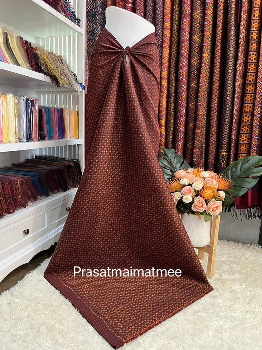 Mudmee silk sarong, 3 takor, size 1x2 meters, brown background, code R2Q-PS-08186756