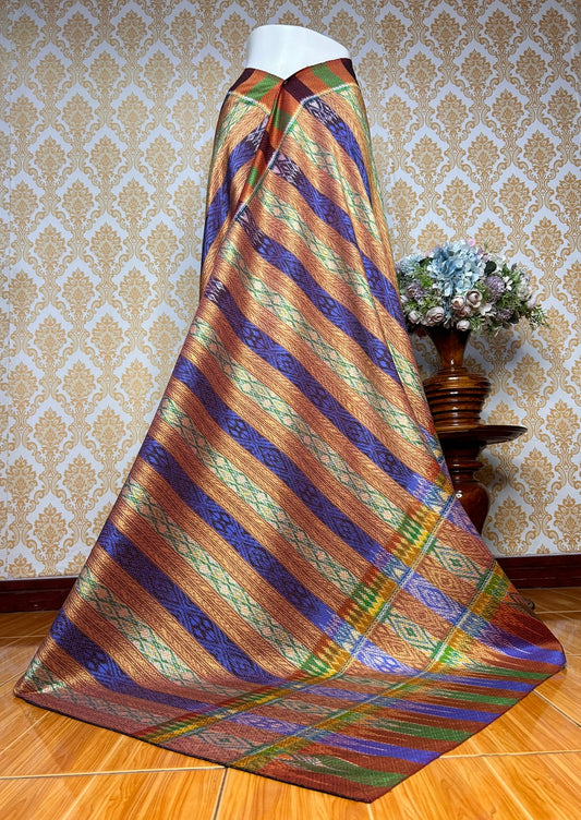 Mudmee silk skirt, woven with 6 tassels, 5-star work, size 1x2 meters, flowing water pattern, orange-blue background, code L9A-KN-0514671126