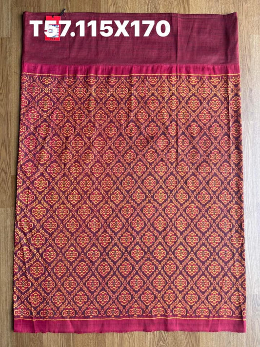 Battambang sarong, natural color, 3-takor cham cloth, size 115x170cm, red background, code N9-SIL-A57