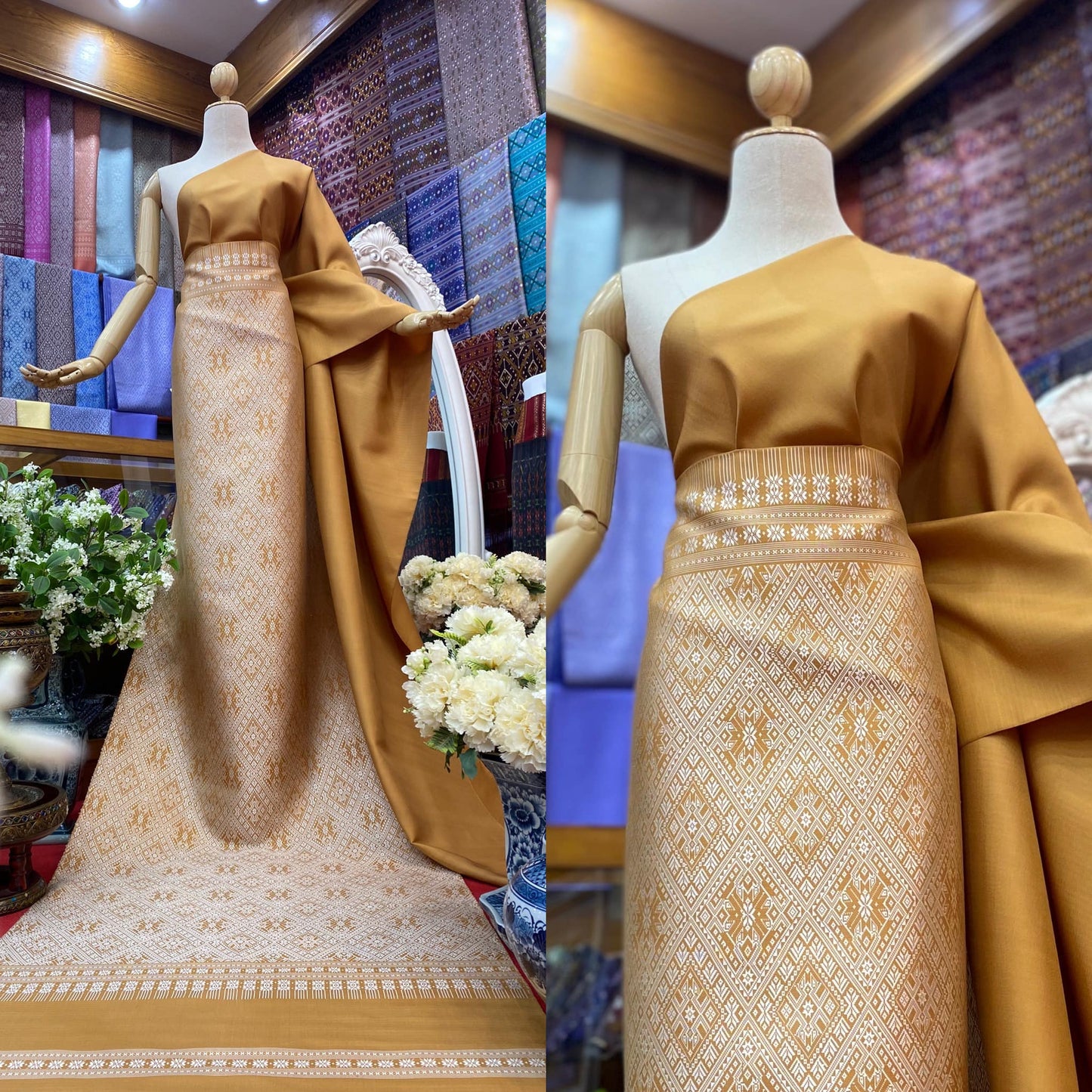 (Dress cloth) Praewa silk Cut a pattern set, size 73x500cm (pattern 2.3 meters + background color 2.7 meters), yellow background, code P10-BM-05286710551