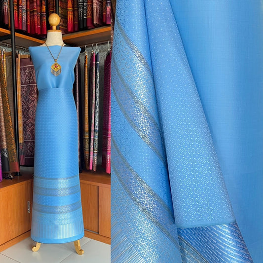 (Dress cloth) Lamphun silk (solid color 2 meters + pattern 2.4 meters) blue, code N90-MD-06026712205