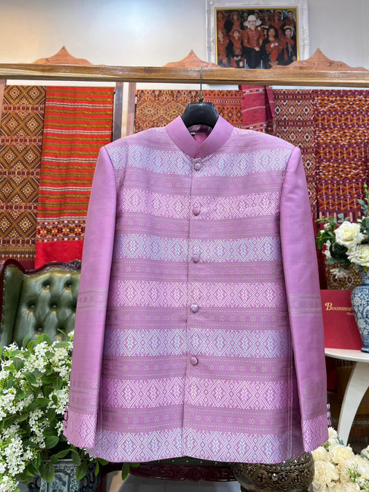 Suit shirt with royal collar, long sleeves, Praewa silk, purple and pink, code DM-BM-0323671