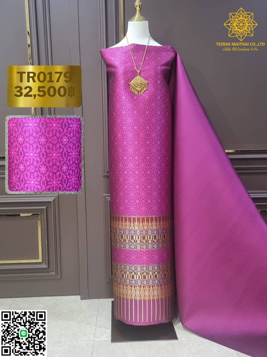 (Dress cloth) Lamphun Yok Dok silk Koh Choeng Din Thong (base color 2 meters + pattern 2.4 meters), fuchsia color, code N90-29-TR0179