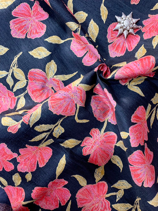 Floral printed silk Sold by the yard, black shade, code A4-AA-01086730