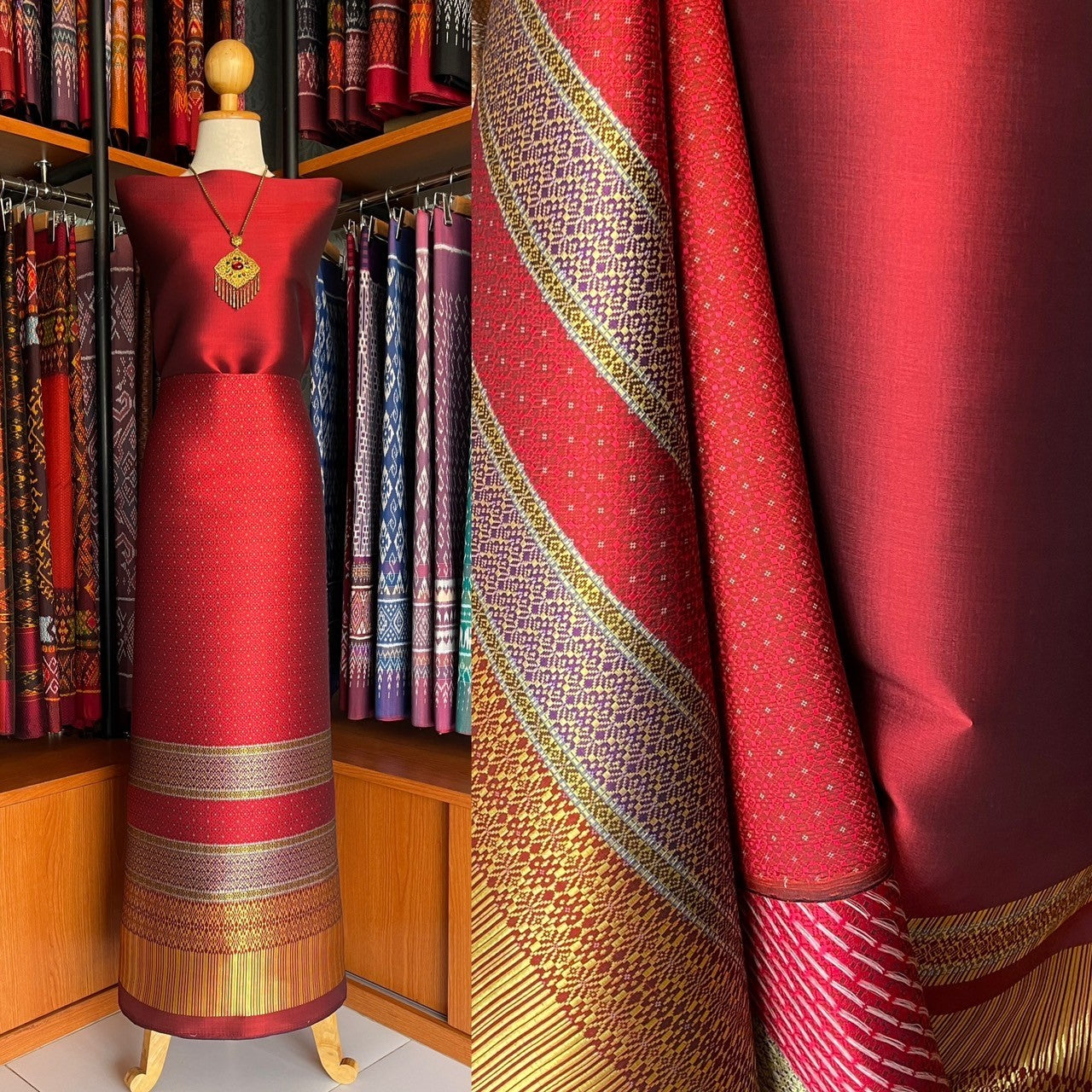 (Dress cloth) Lamphun silk (solid color 2 meters + pattern 2.4 meters) red, code N90-MD-0203671634