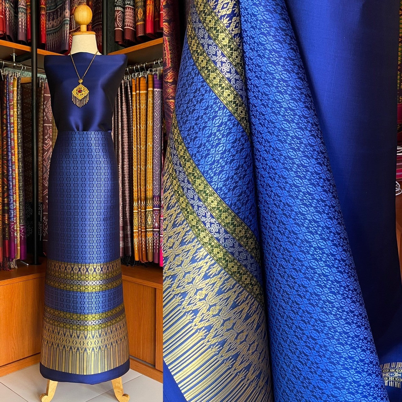 (Dress cloth) Lamphun silk (solid color 2 meters + pattern 2.4 meters) blue, code N90-MD-0401672