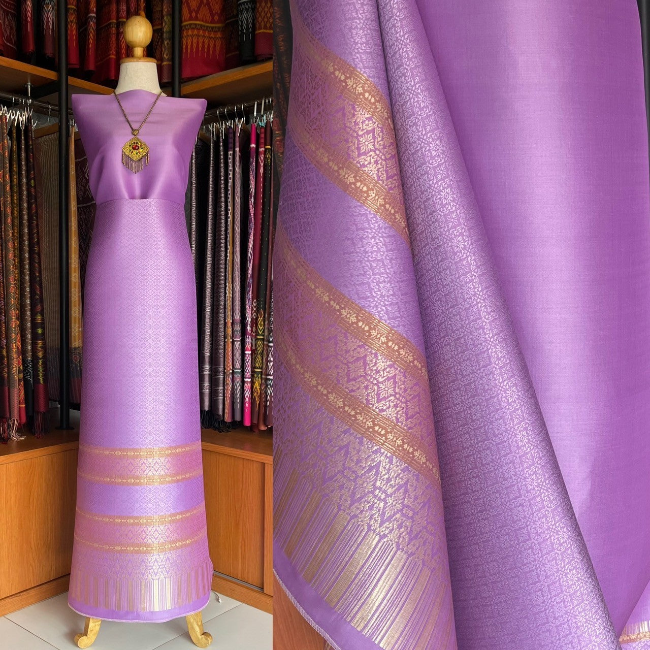 (Dress fabric) Surin silk (solid color 2 meters + pattern 2.4 meters) purple, code N90-MD-0709673