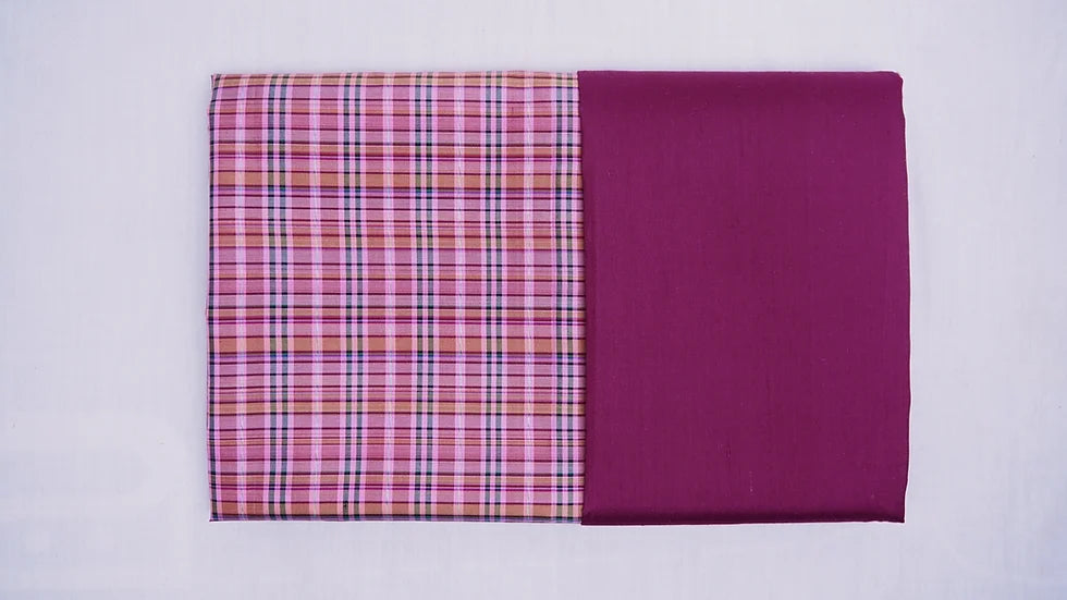 (Dress fabric) Plaid pattern silk, real silk, size 1x4 yards (2 yards of patterned fabric + 2 yards of plain color), purple, code A90-CT100631