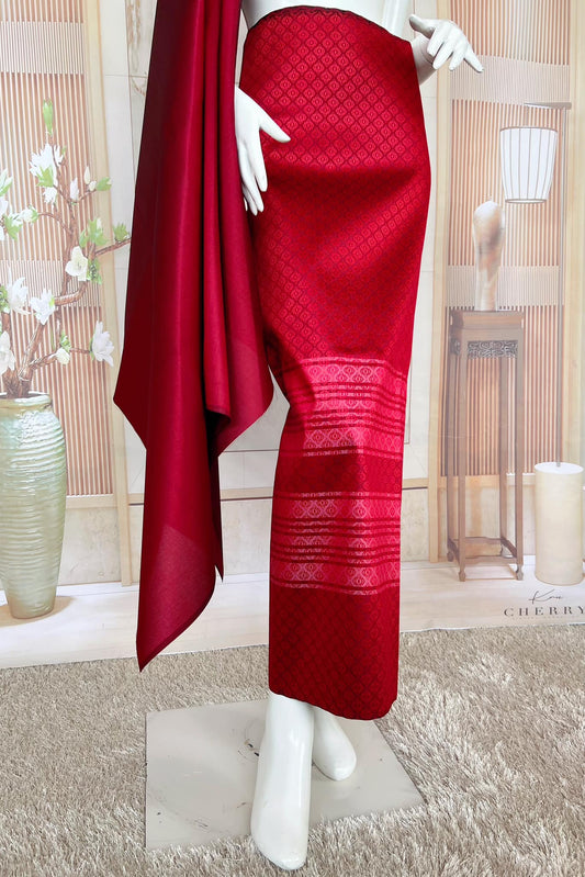 (Dress cloth) plain colored silk with stripes (2 yards of plain cloth + 2 yards of sarong) bright red shade, code BC-SN-0406163020