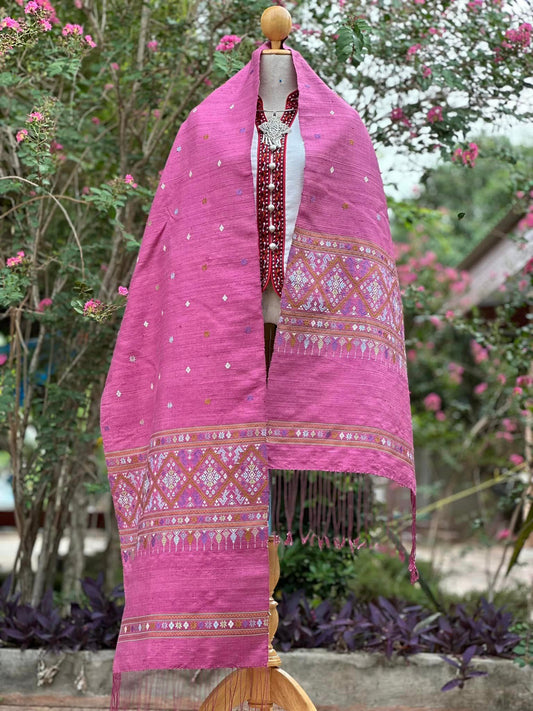 Khit shawl, home silk, size 50x250cm, pink background, code Z-PT0524665