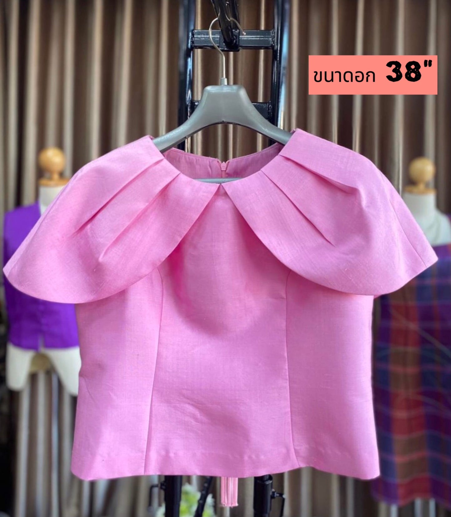 Women's shirt, sleeveless, decorated with ruffles, closed shoulders, plain silk, chest size 38 inches, pink, code WD-PK-01226712532