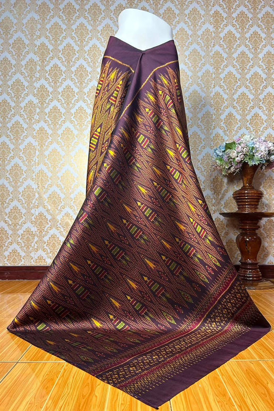 Mudmee silk sarong, 3 takor, size 1x2 meters, tiered pattern, brown background, code R2Q-KN-0510672053